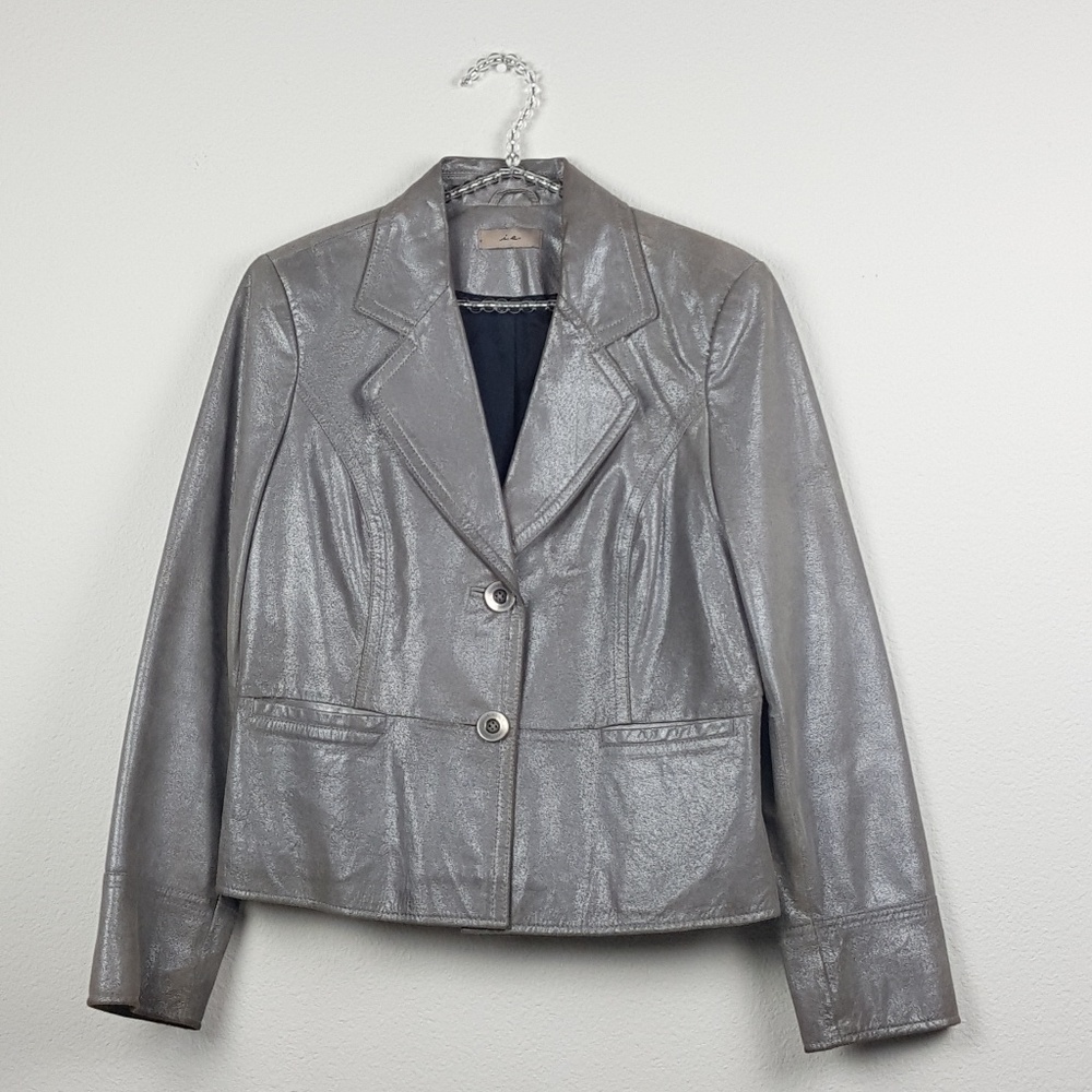 i.e. Metallic Taupe/Grey Leather  Peplum Jacket
